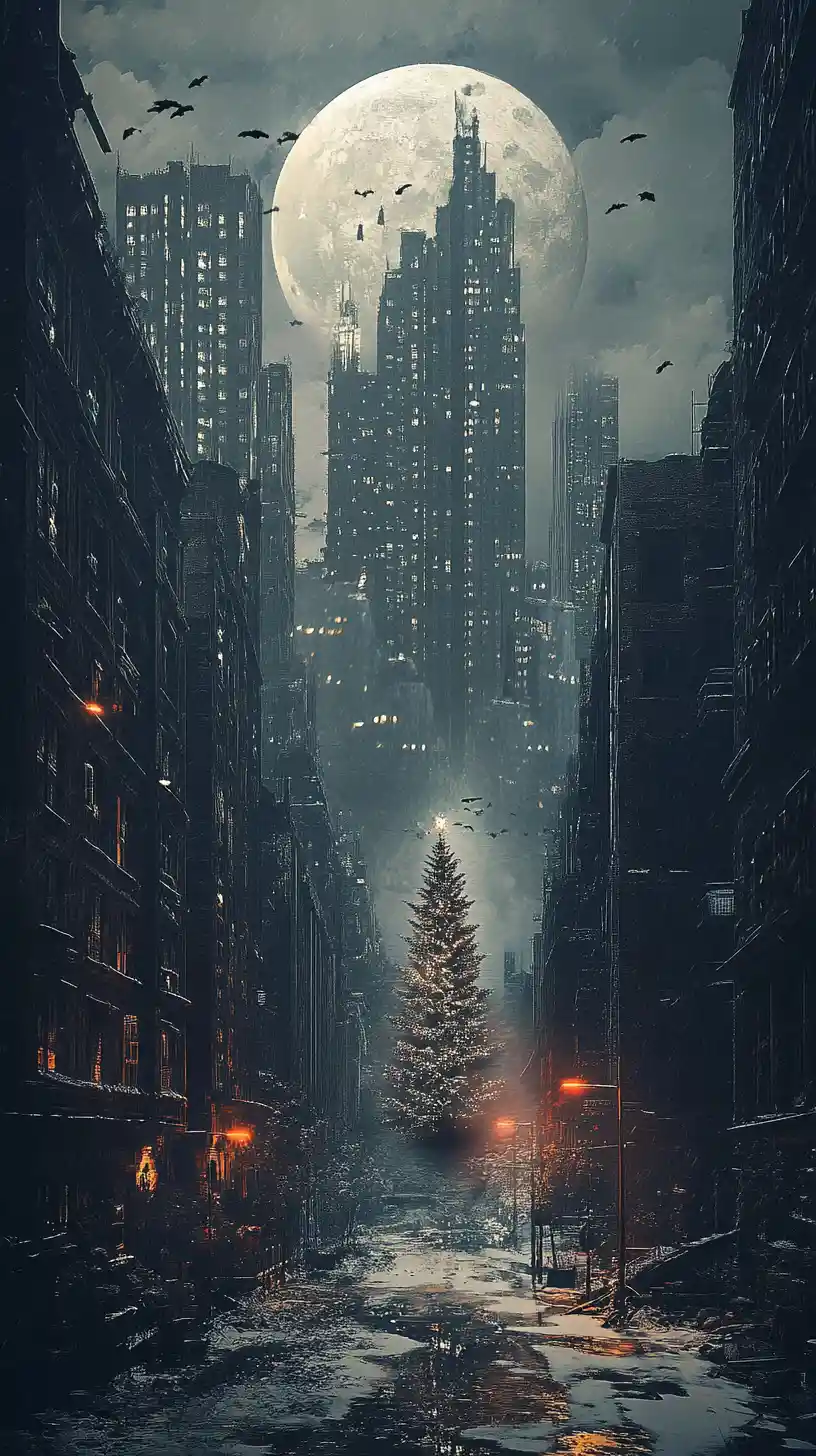 Moody night cityscape with moonlit christmas tree