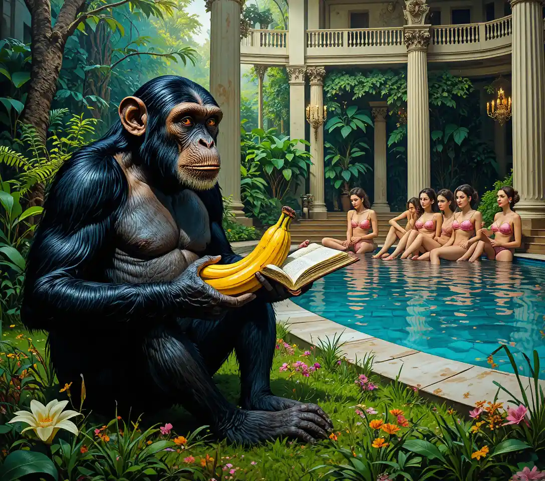 Scimpanzé 3D realistico seduto sull’erba con una banana in mano