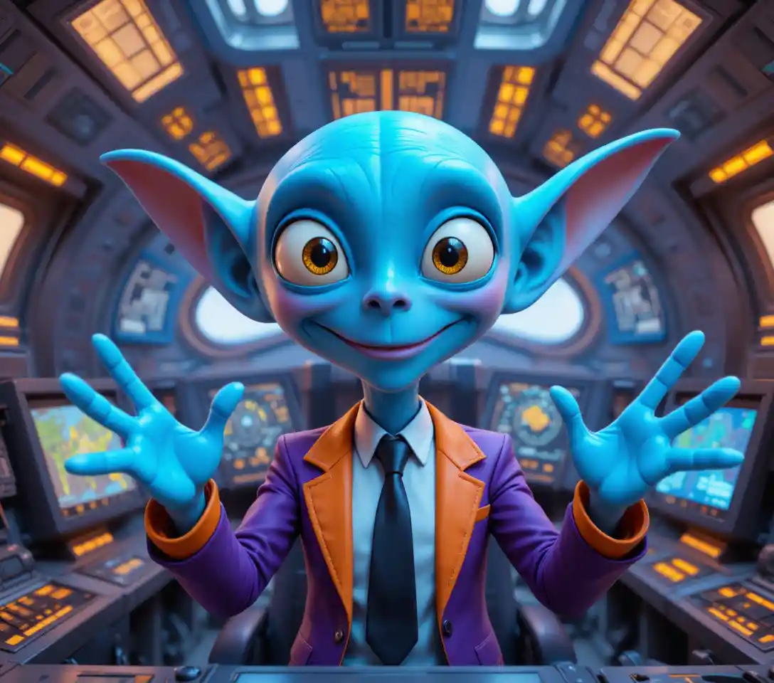 Cheerful blue alien pilot smiling inside a glowing cockpit