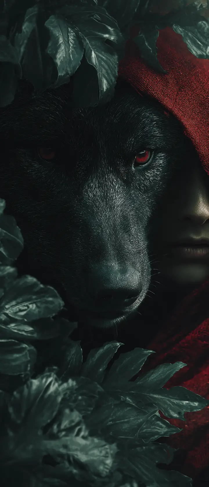 Black wolf close up with red hooded figure nearby