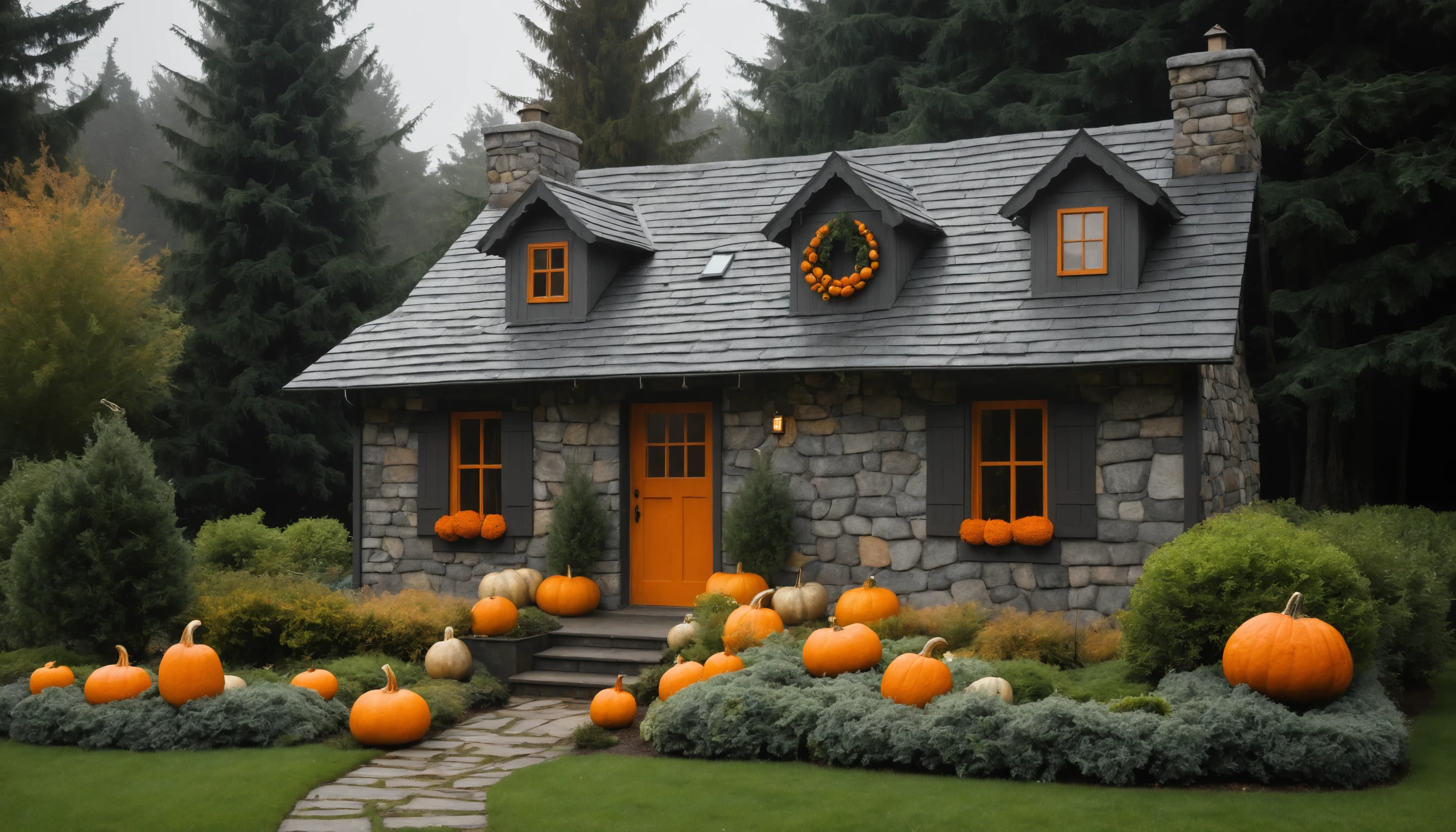 Rustic stone cottage with pumpkins in a quiet forest clearing