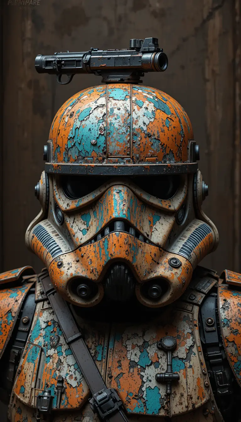 Weathered sci fi helmet with blaster on dark background