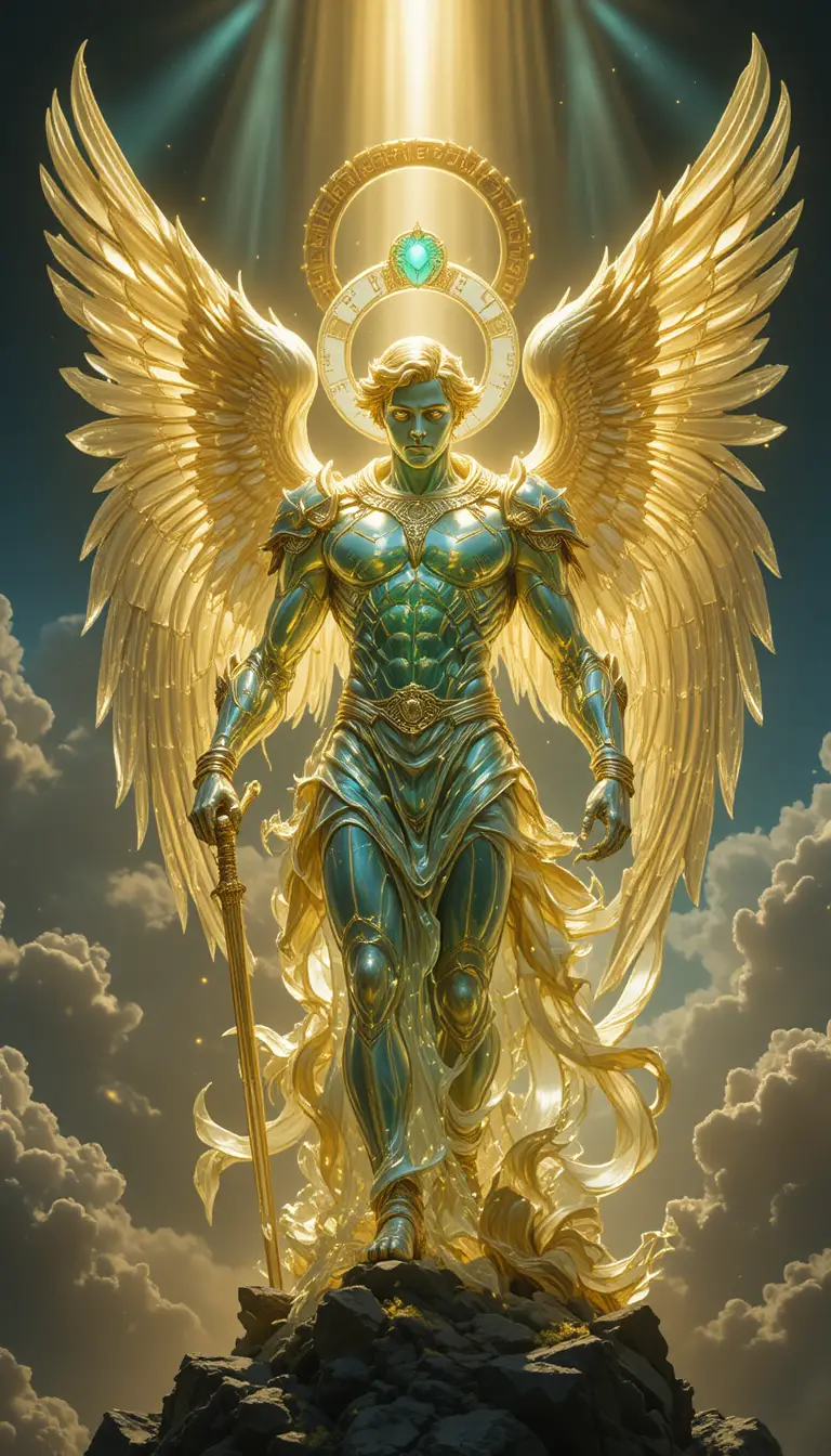 Archangel emerging from radiant celestial firebird sky