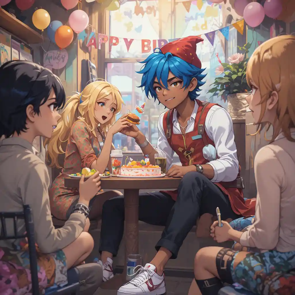 Anime-Mann feiert eine Geburtstagsparty mit Freunden
