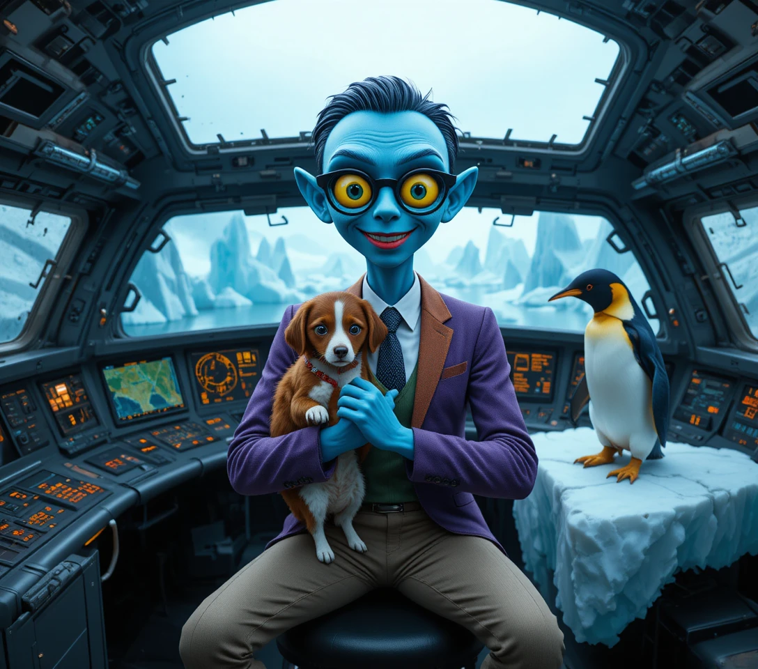Friendly blue alien pilot in a bright sci fi cockpit