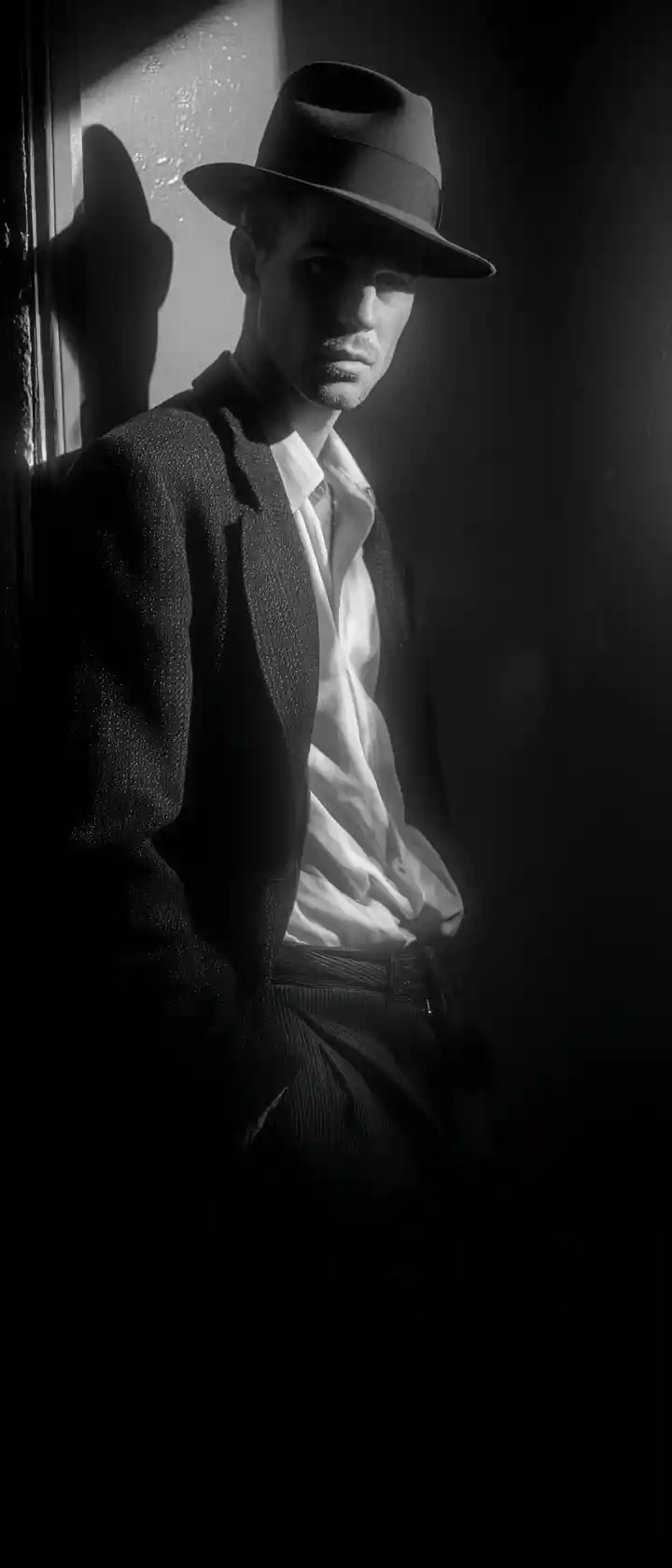 Irish gangster in dramatic film noir spotlight scene