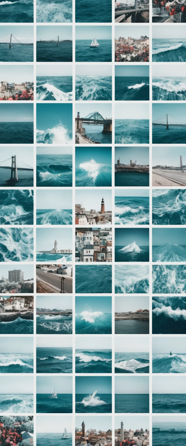 Modern teal photo collage in a clean geometric grid layout