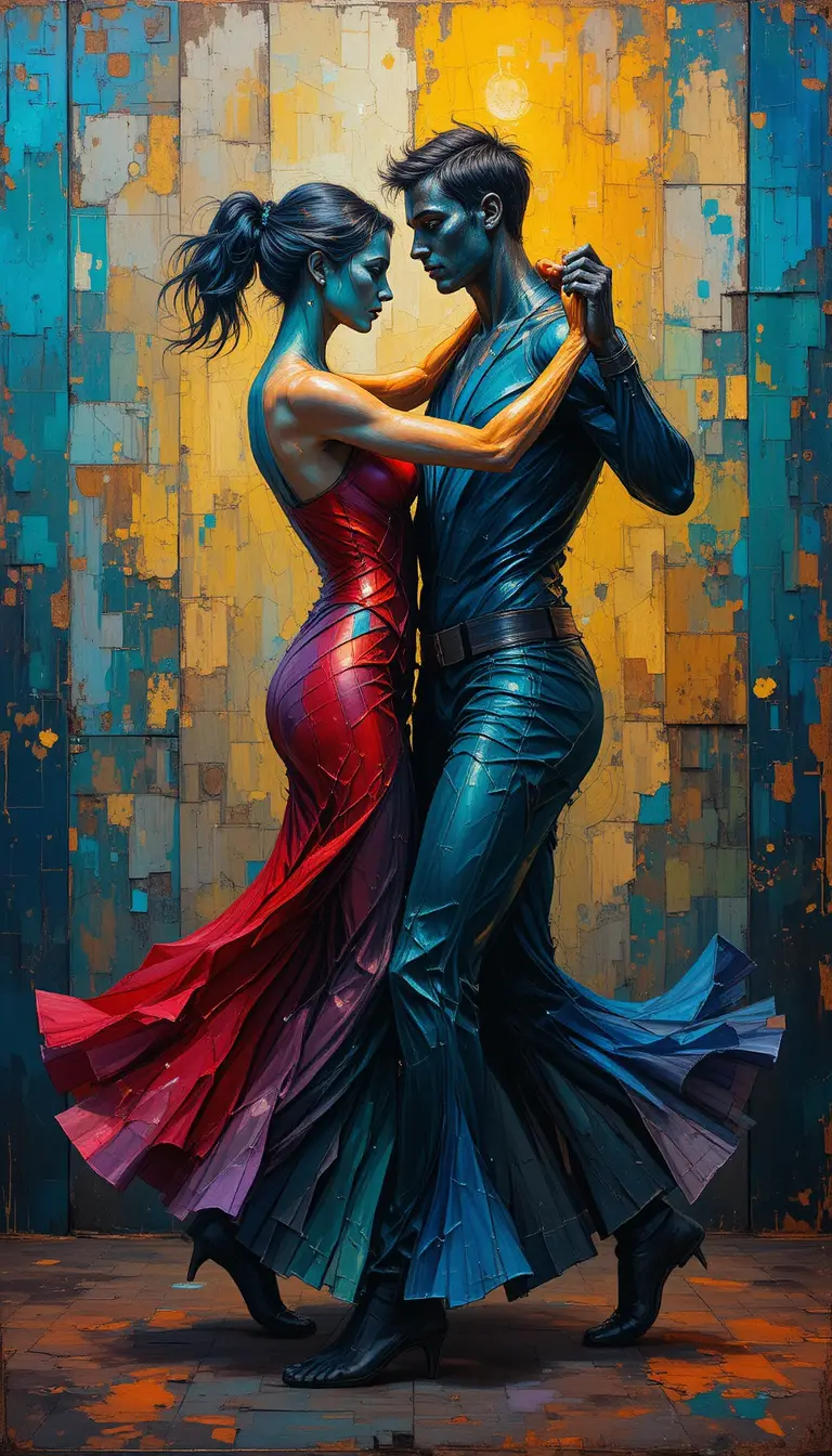 Abstract digital painting of a man and woman dancing