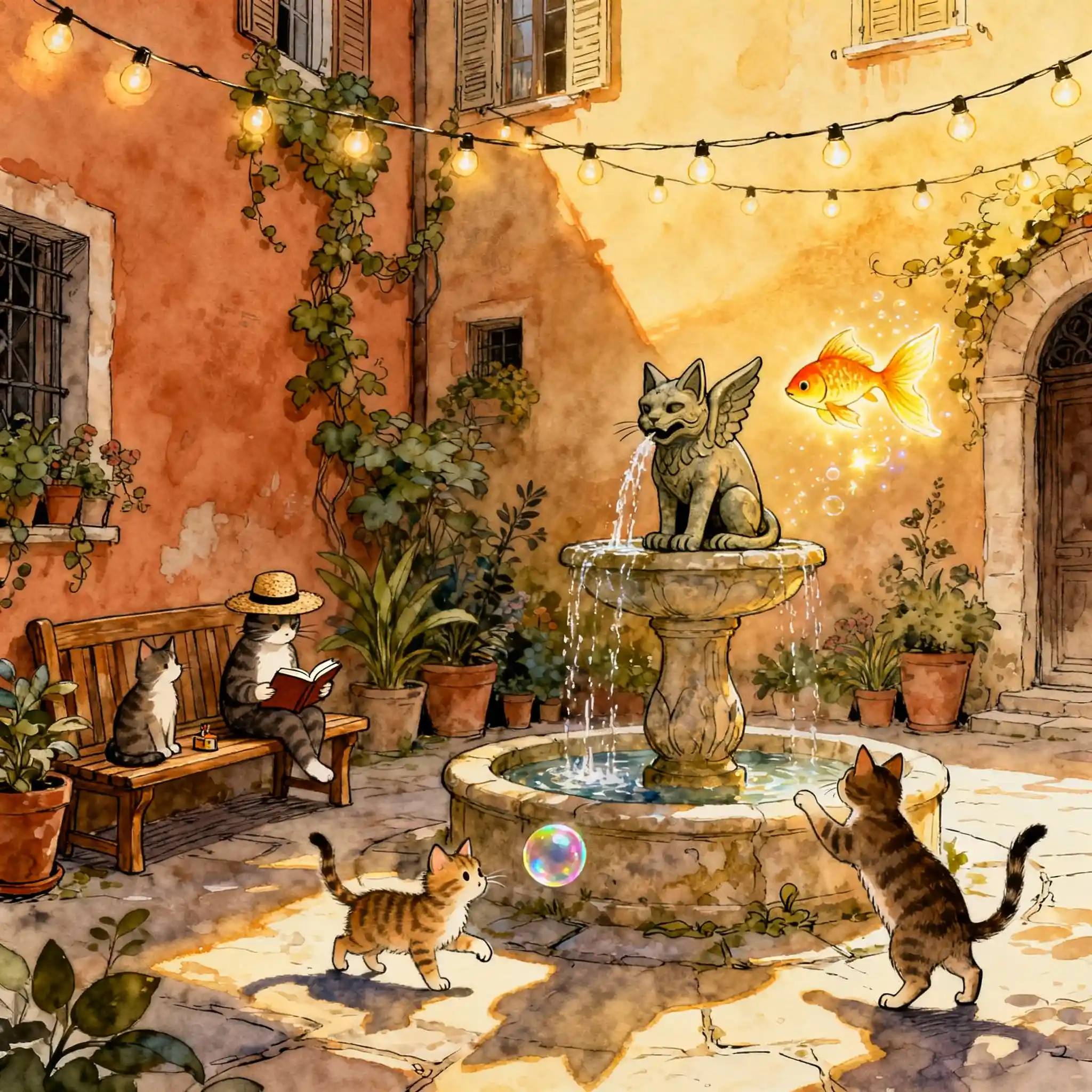 Whimsical cats in a European courtyard watercolor illustration