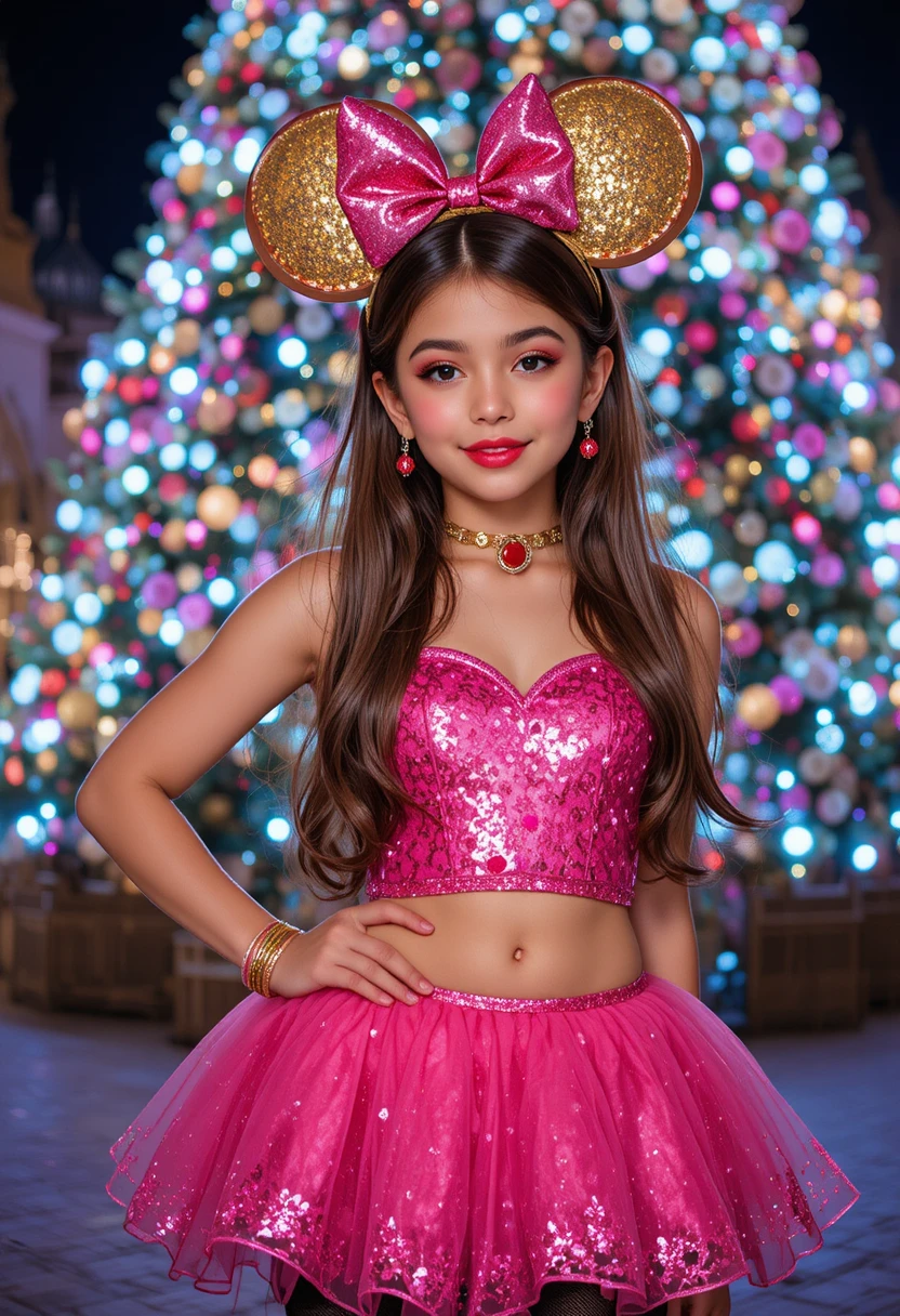 Schüchternes Tween-Mädchen im rosa Kleid vor dem Weihnachtsbaum