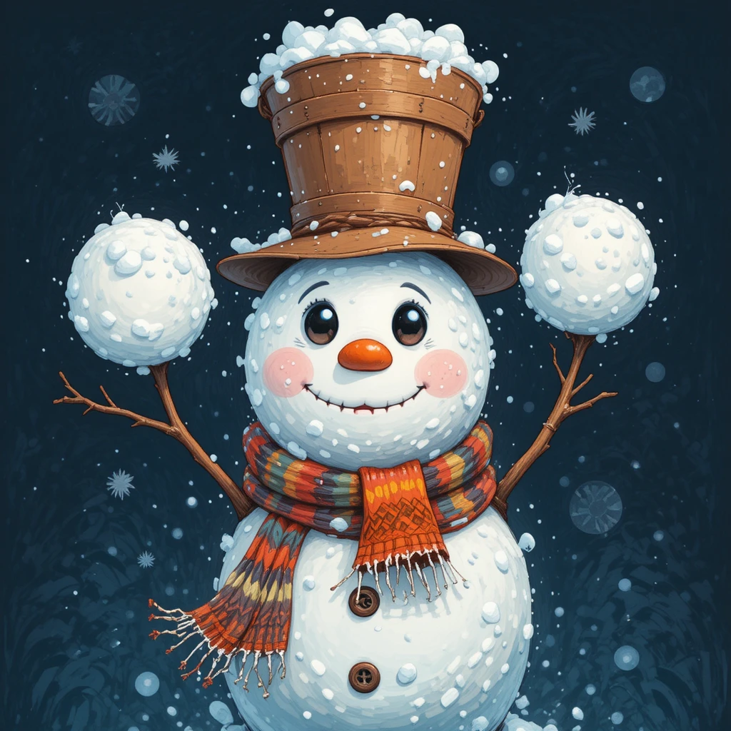 Cheerful snowman with bucket hat and colorful scarf