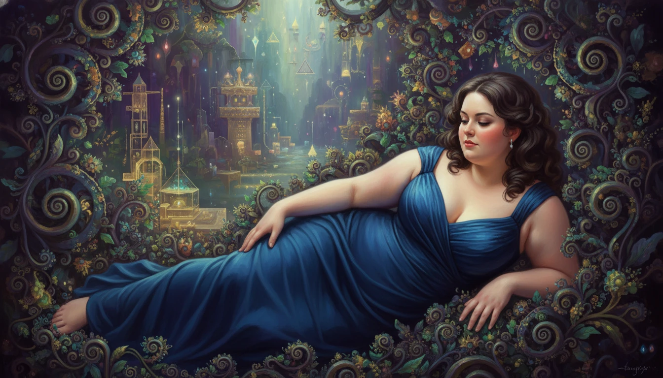 Jovem Mulher Formosa de Vestido em Meio a Flora Fractal Surreal