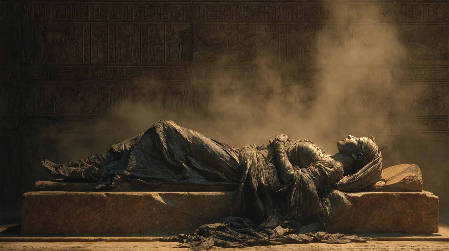 Regina mummificata che riposa su un letto di pietra nel tempio