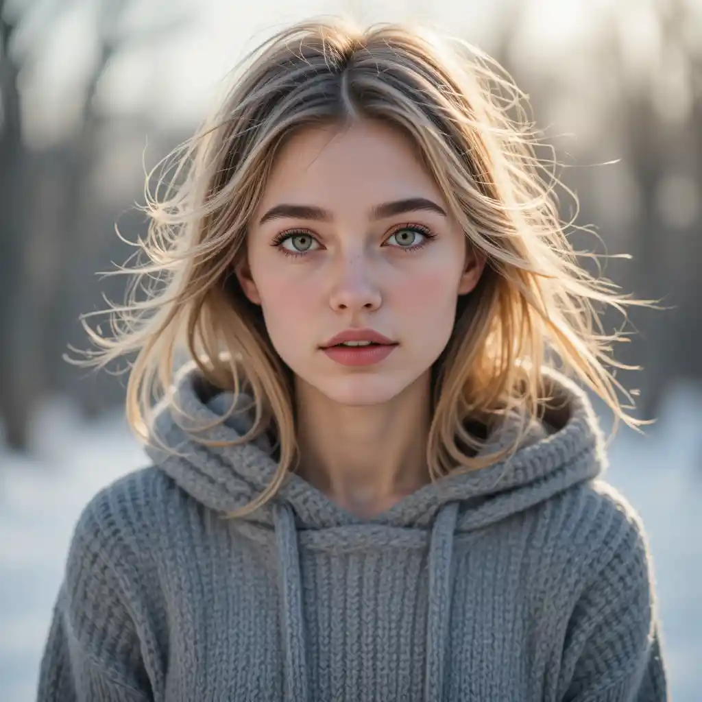 Young woman in hooded sweater on a soft winter day