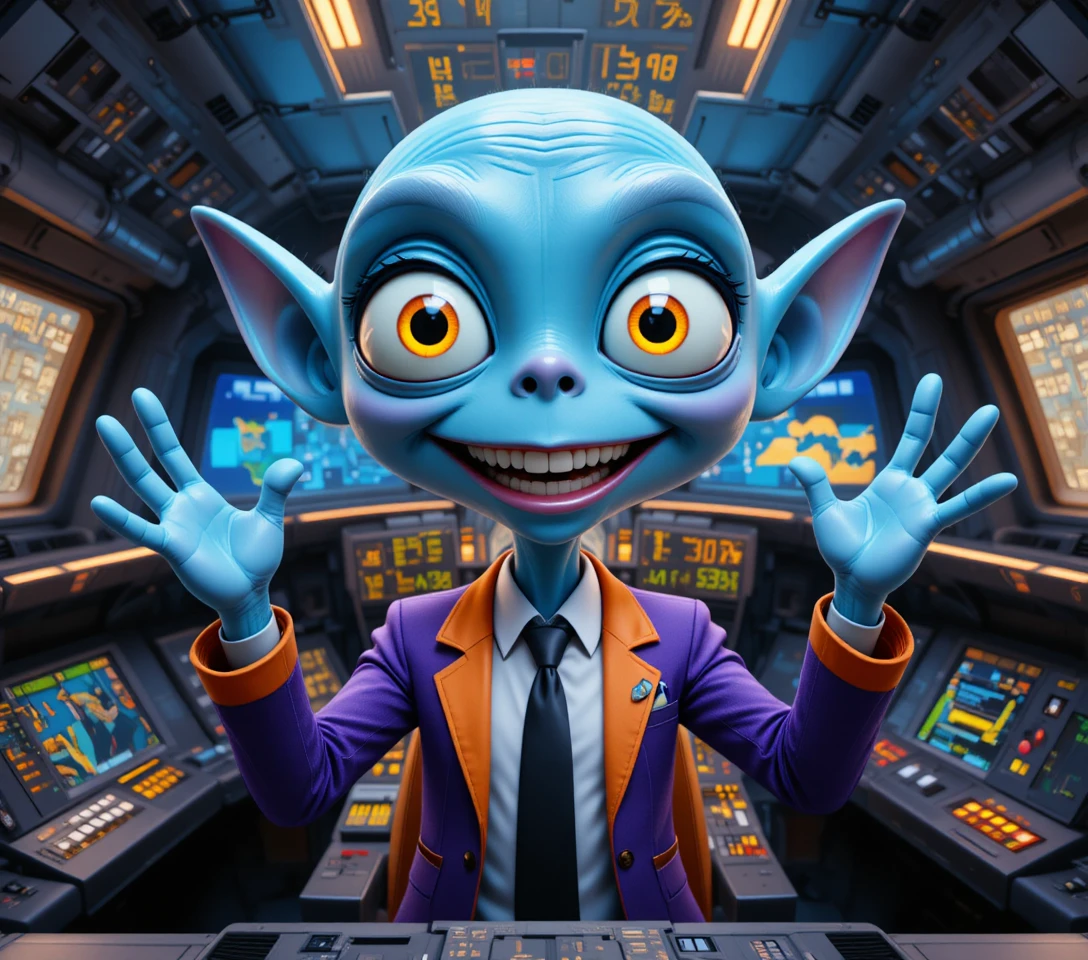 Simpatico pilota alieno blu in una cabina di astronave illuminata