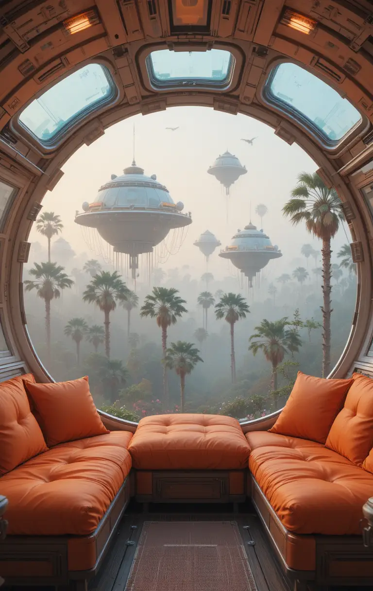 Retro flying pod interior overlooking misty futuristic forest