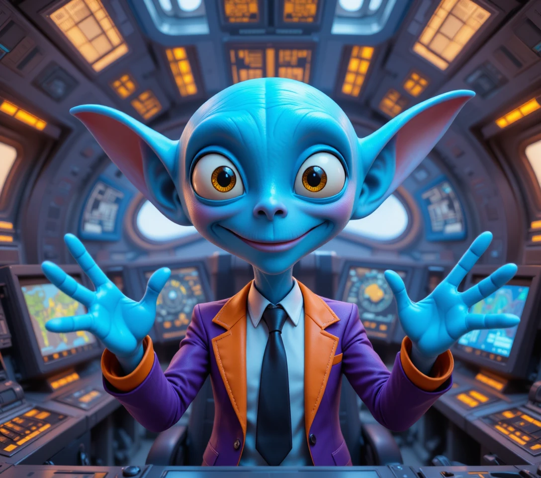 Fröhlicher blauer Alien-Pilot lächelt in einem leuchtenden Cockpit