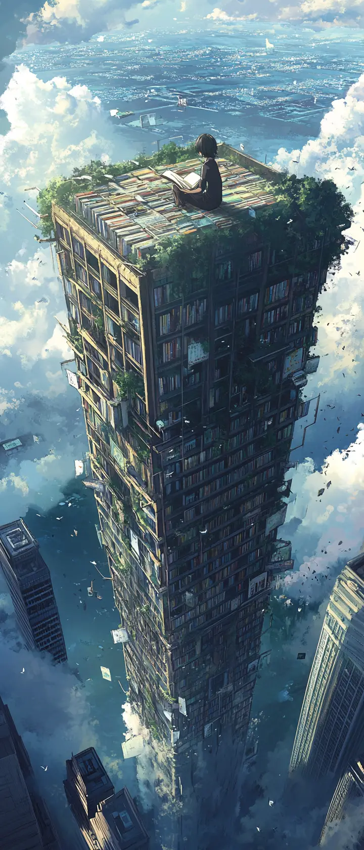 Lone traveler reading atop a crumbling tower