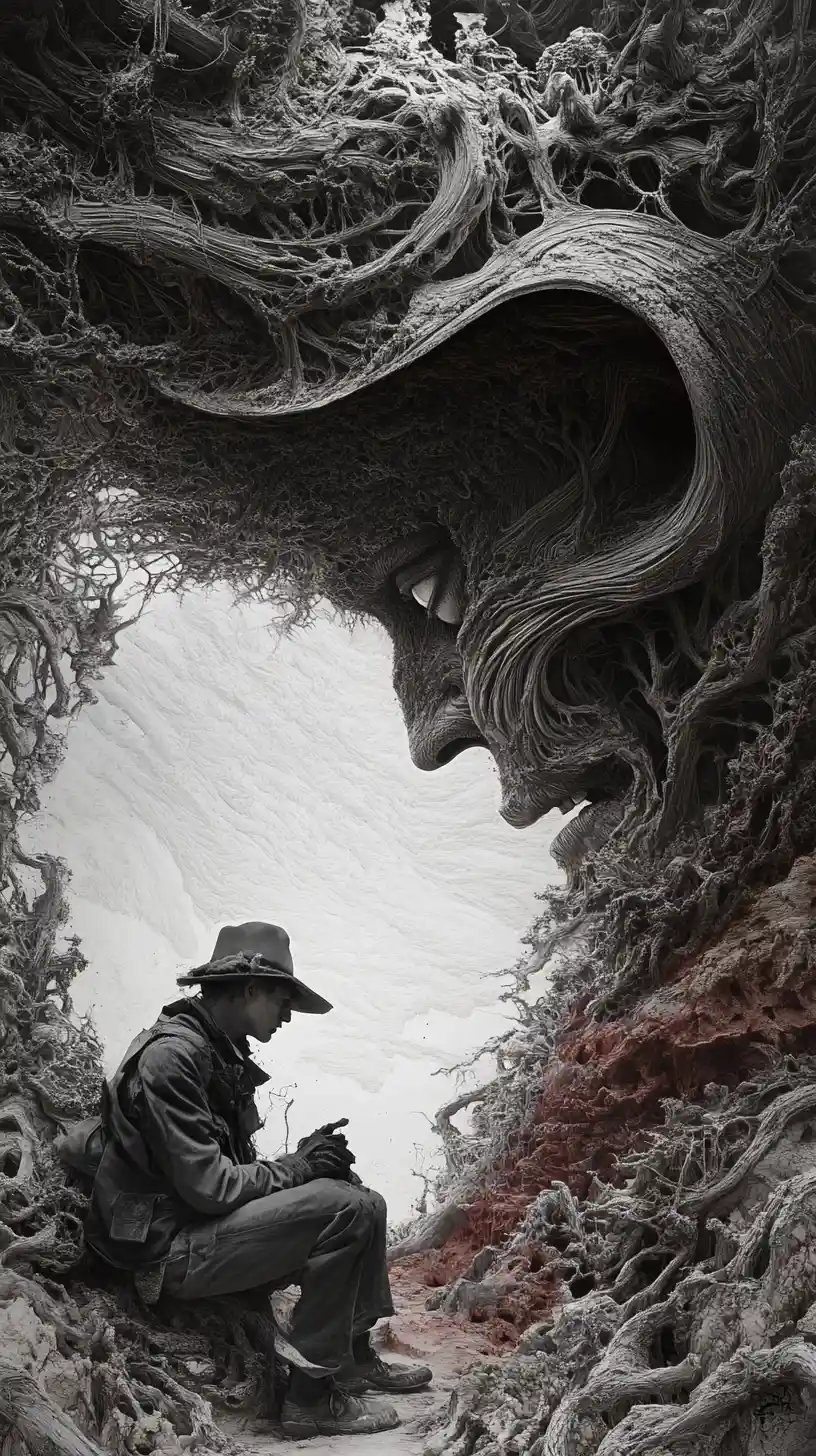 Surreal illusion scene with a sly mischievous bandit figure