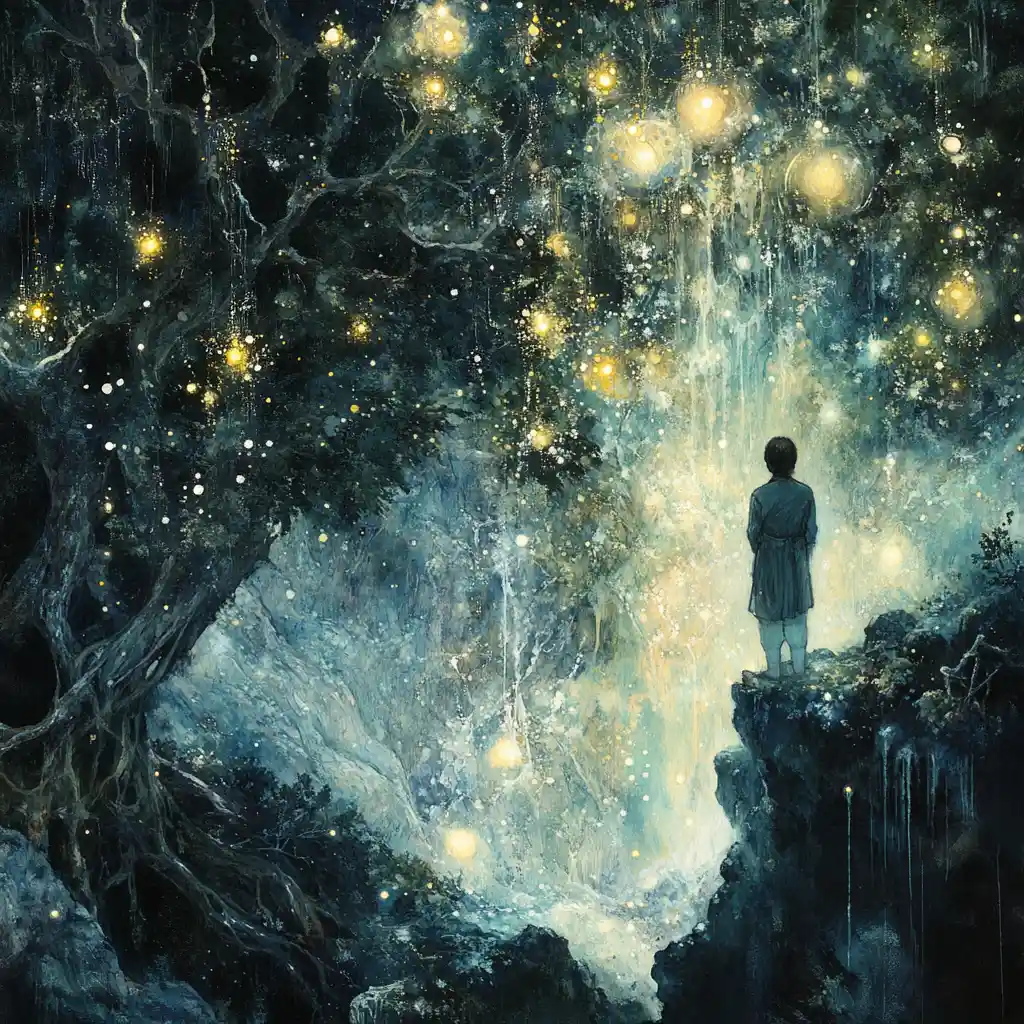 Alien traveler discovering a tranquil fantasy star garden