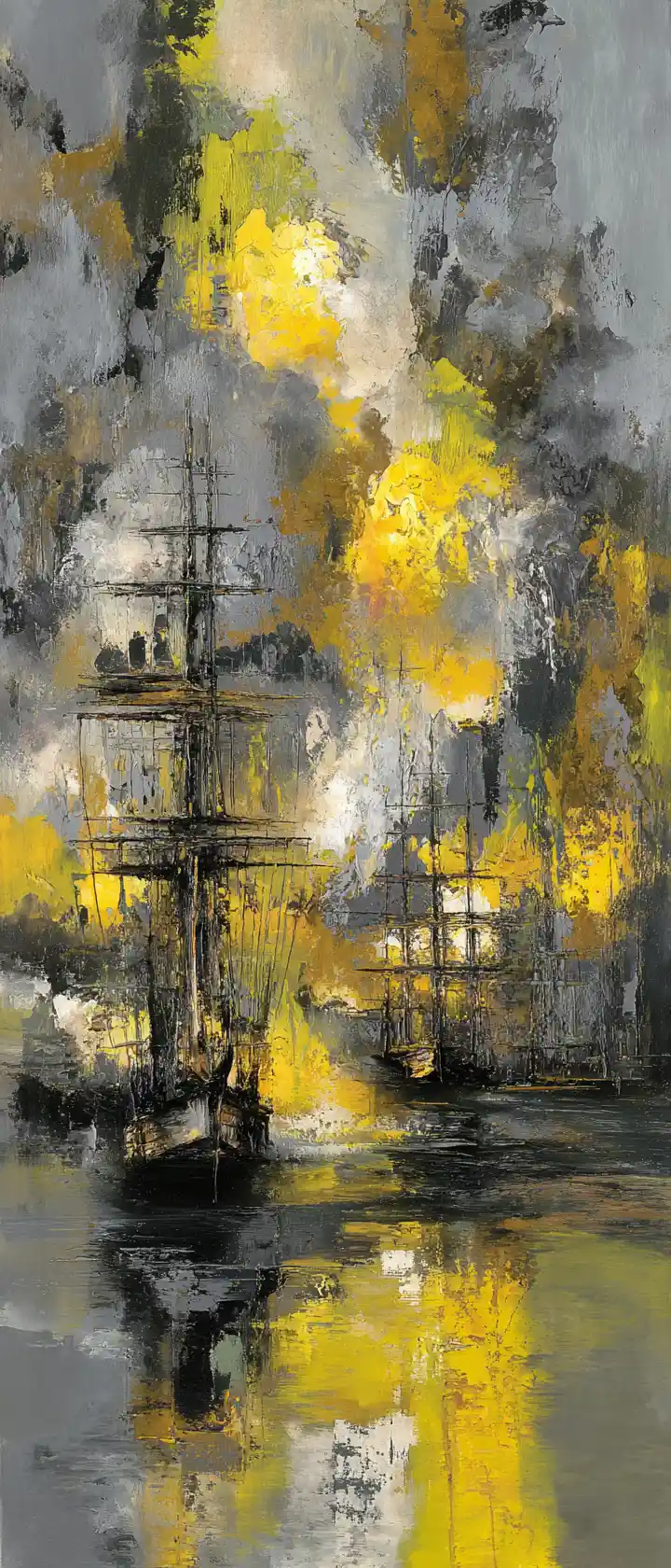 Abstract pirate ship with grey and gold explosive colors