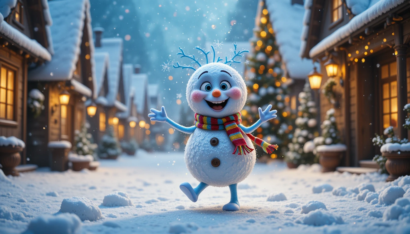 Cheerful snowflake cartoon dancing down a snowy street