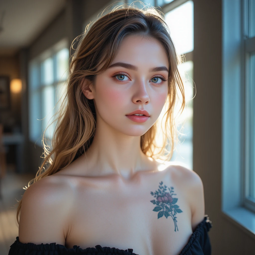 Calm young woman portrait with floral chest tattoo