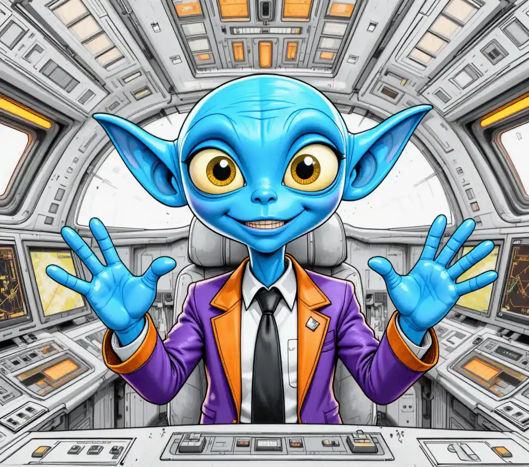 Cheerful blue alien pilot in a glowing spaceship cockpit