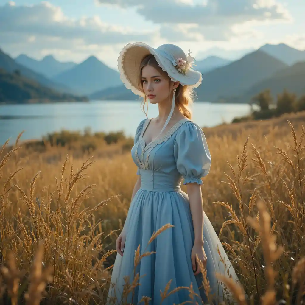 Jeune femme en robe bleue au bord d’un lac doré