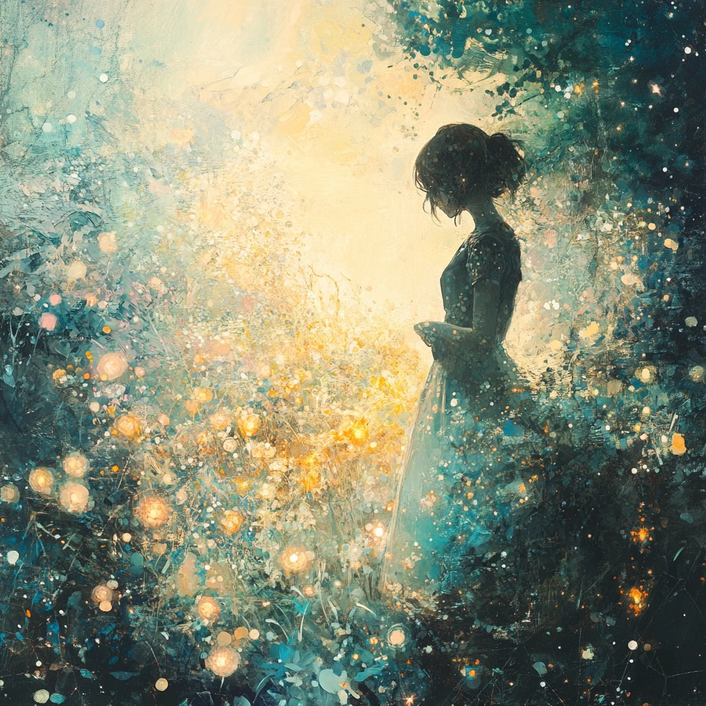 Traveler in a glowing alien garden tended by gentle being