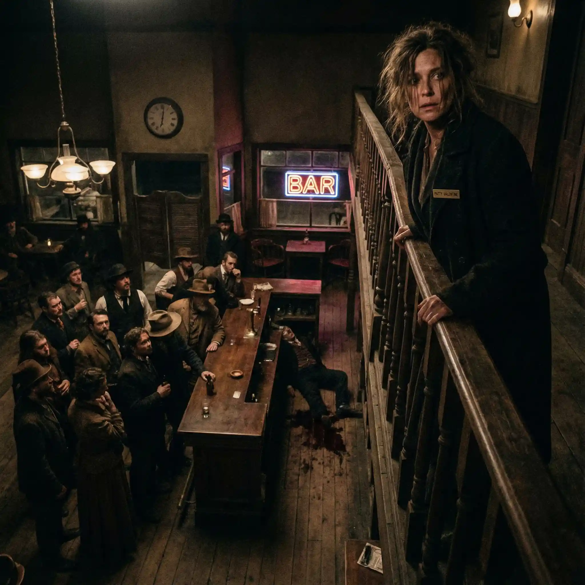 Pistol shots shatter the quiet night inside a dim barroom