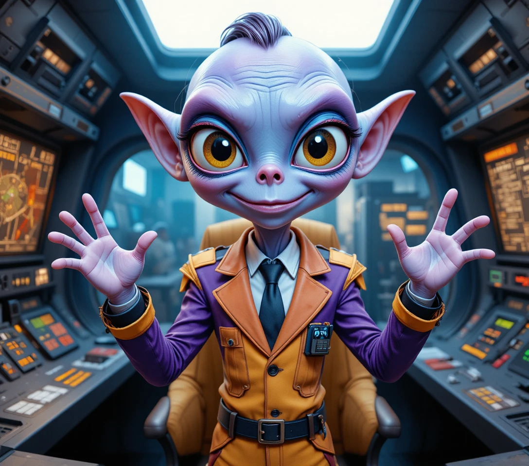 Fröhlicher blauer Alienpilot in einem leuchtenden Sci‑Fi‑Cockpit