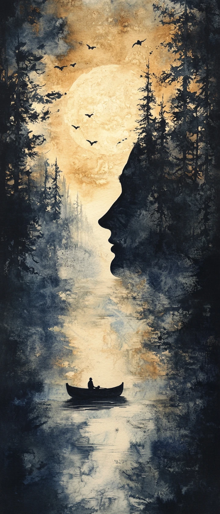 Volto di Babbo Natale a inchiostro sopra lago nella foresta al tramonto