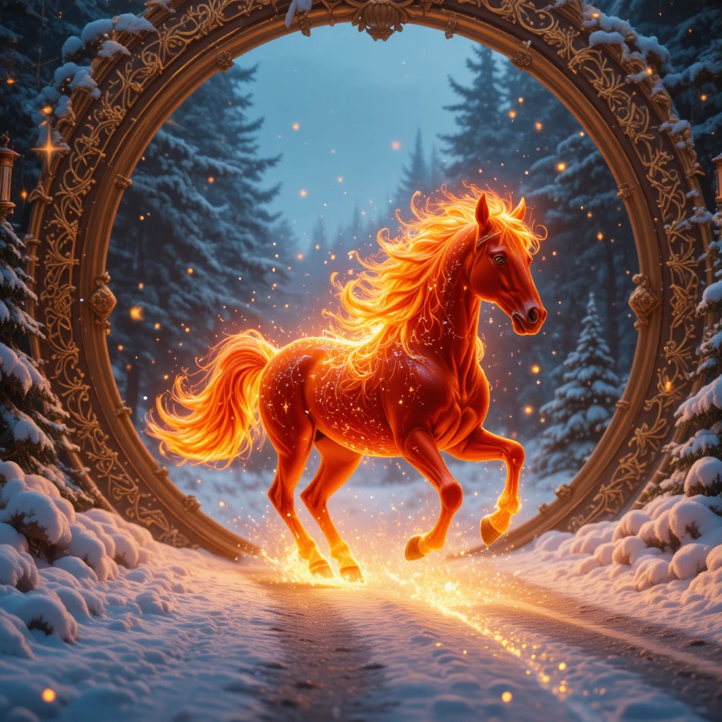 Fiery magical horse leaping from a glowing holiday portal