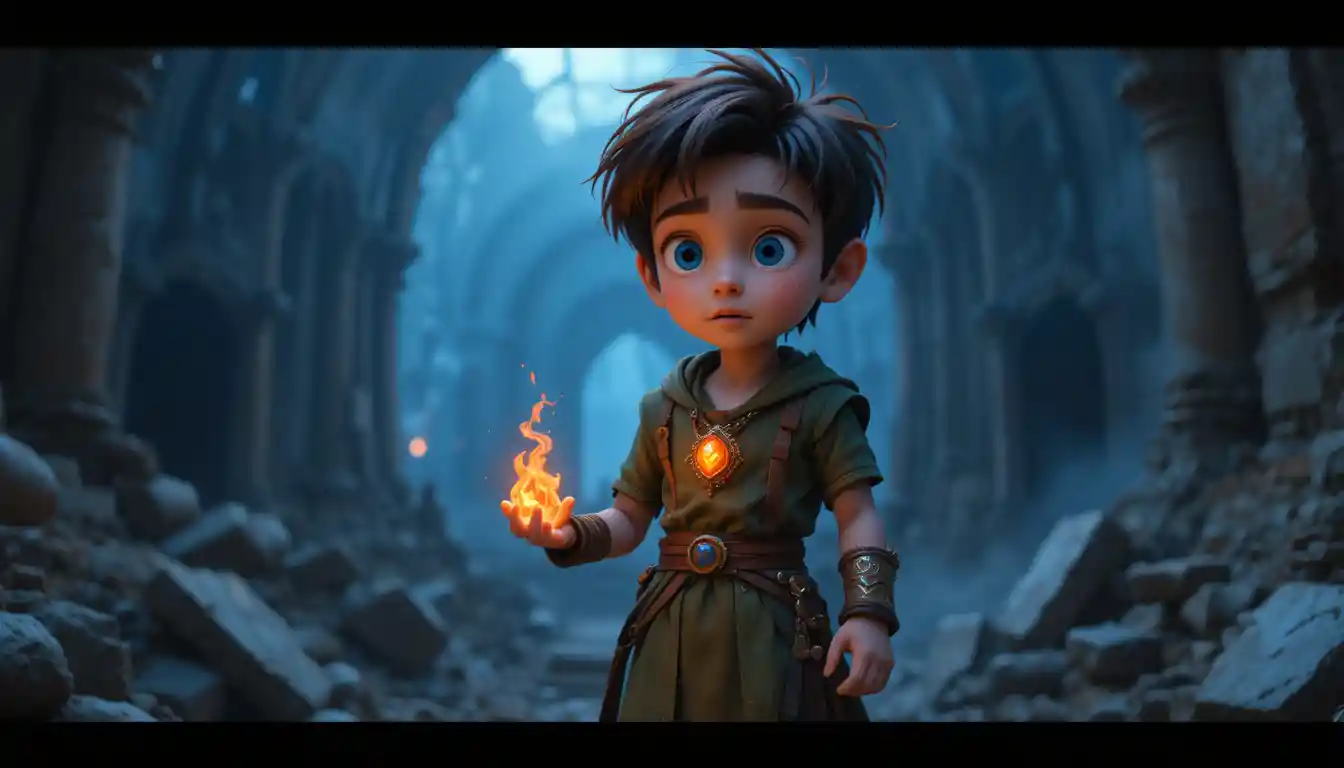 Young boy clutching glowing pendant in misty forest ruins