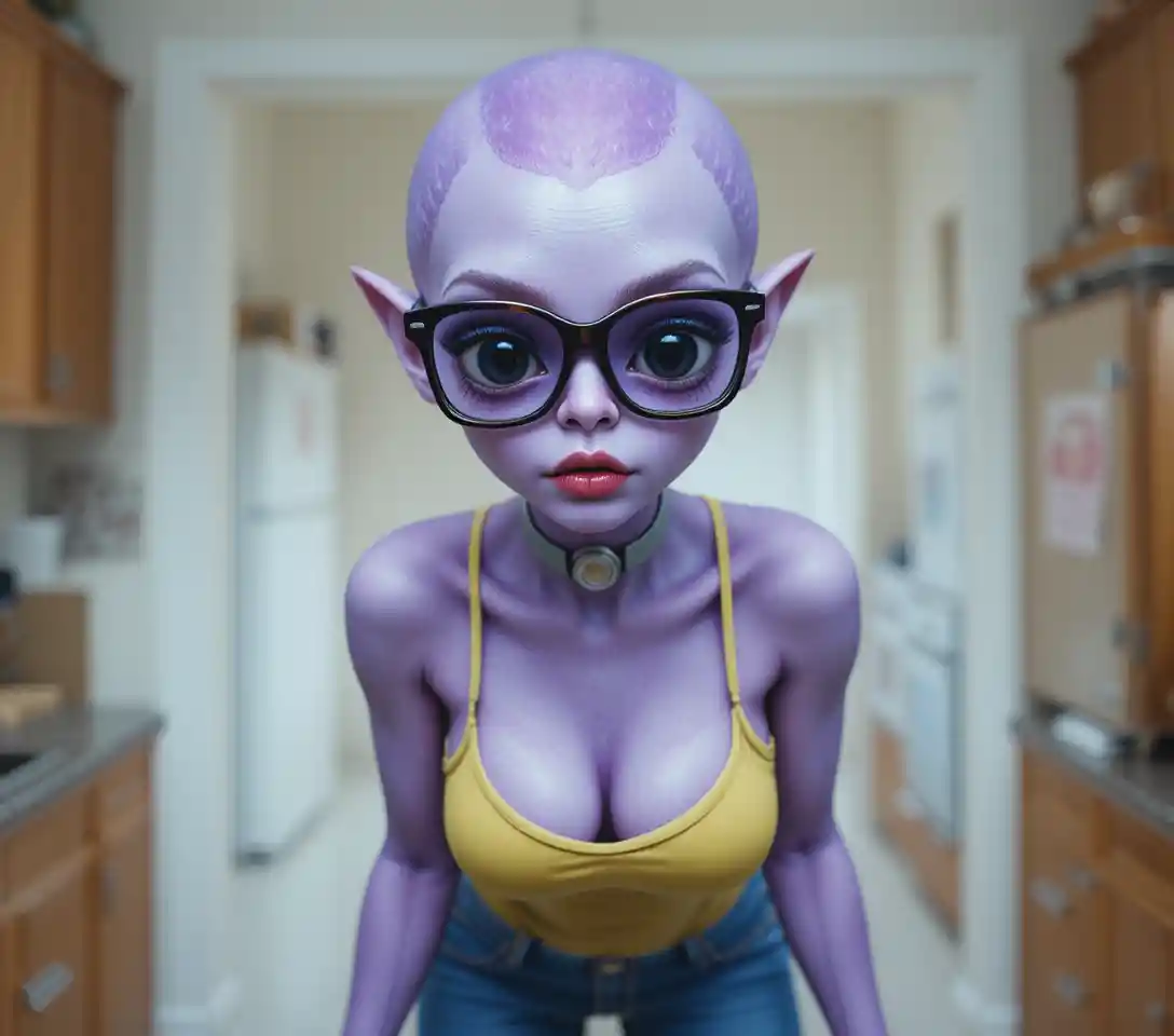 Lila Alien im gelben Overall in einer heimischen Küche