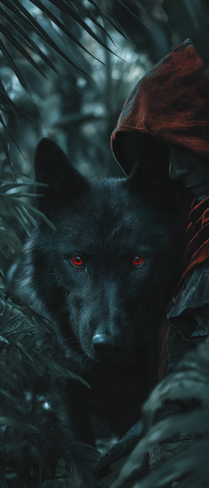 Hunter and giant black wolf stalking through dark jungle ruins