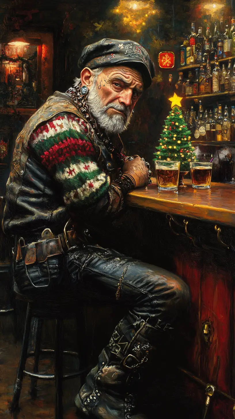 Grumpy old rocker at a dim bar counter in winter