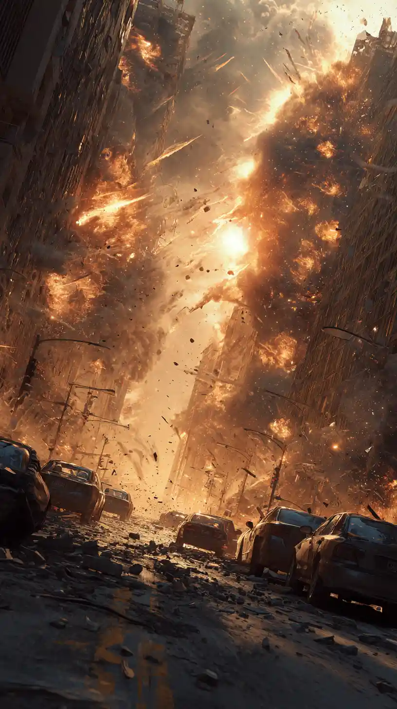 Father fleeing through a collapsing city under alien attack