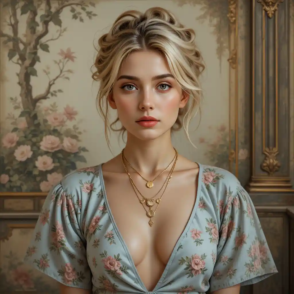 Warm oil portrait of a young woman in blue floral blouse