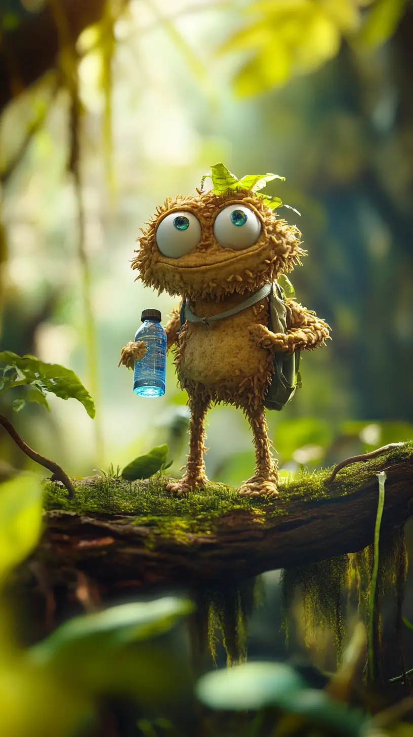 Cheeky cookie man on mossy branch in tropical rainforest