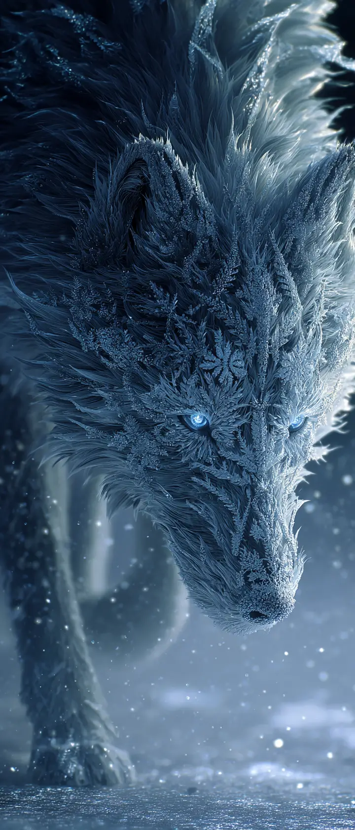 Kristalliner Schneeflocken-Wolf auf biolumineszenter arktischer Tundra