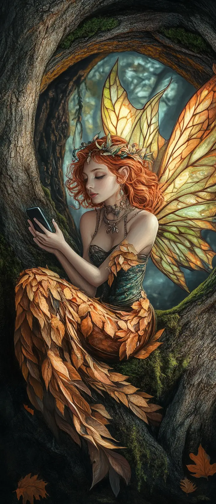 Boho fairy with stained glass wings in autumn forest