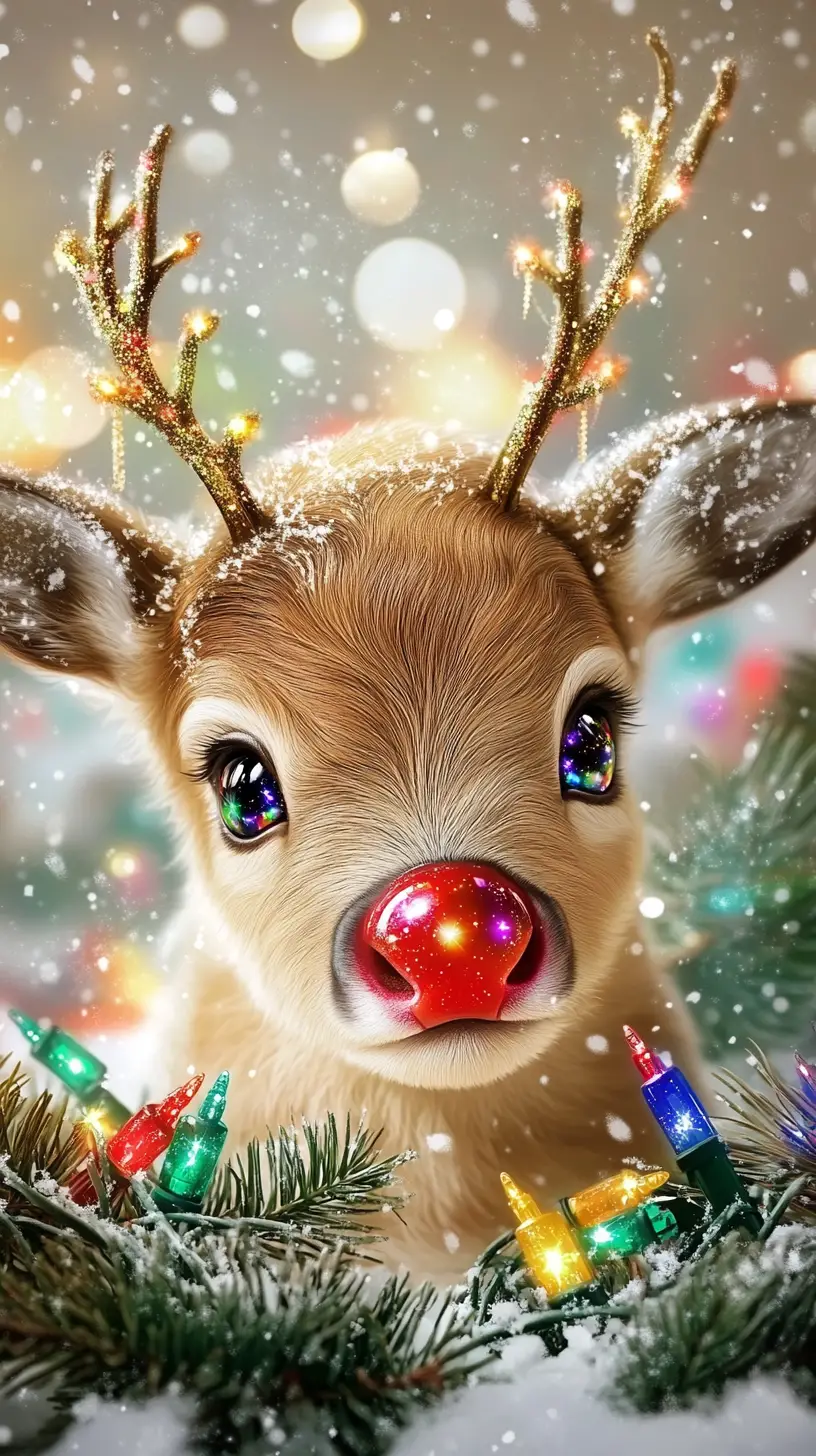 Cute baby reindeer portrait with glowing christmas lights