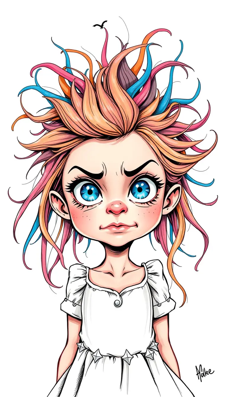 Playful toddler girl with rainbow hair making a cheeky face