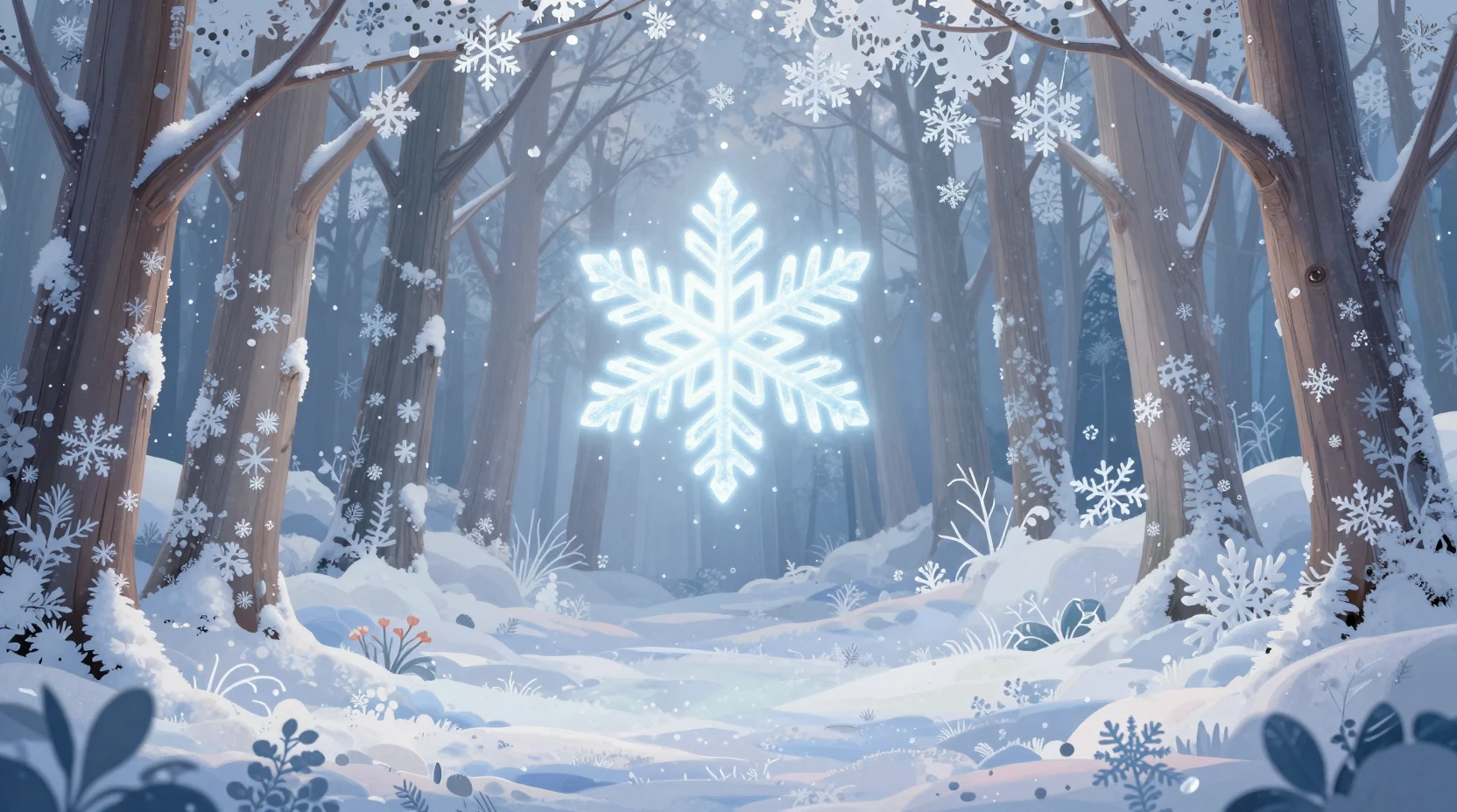 Portail Flocon de Neige Lumineux dans une Clairière de Forêt Hivernale Paisible