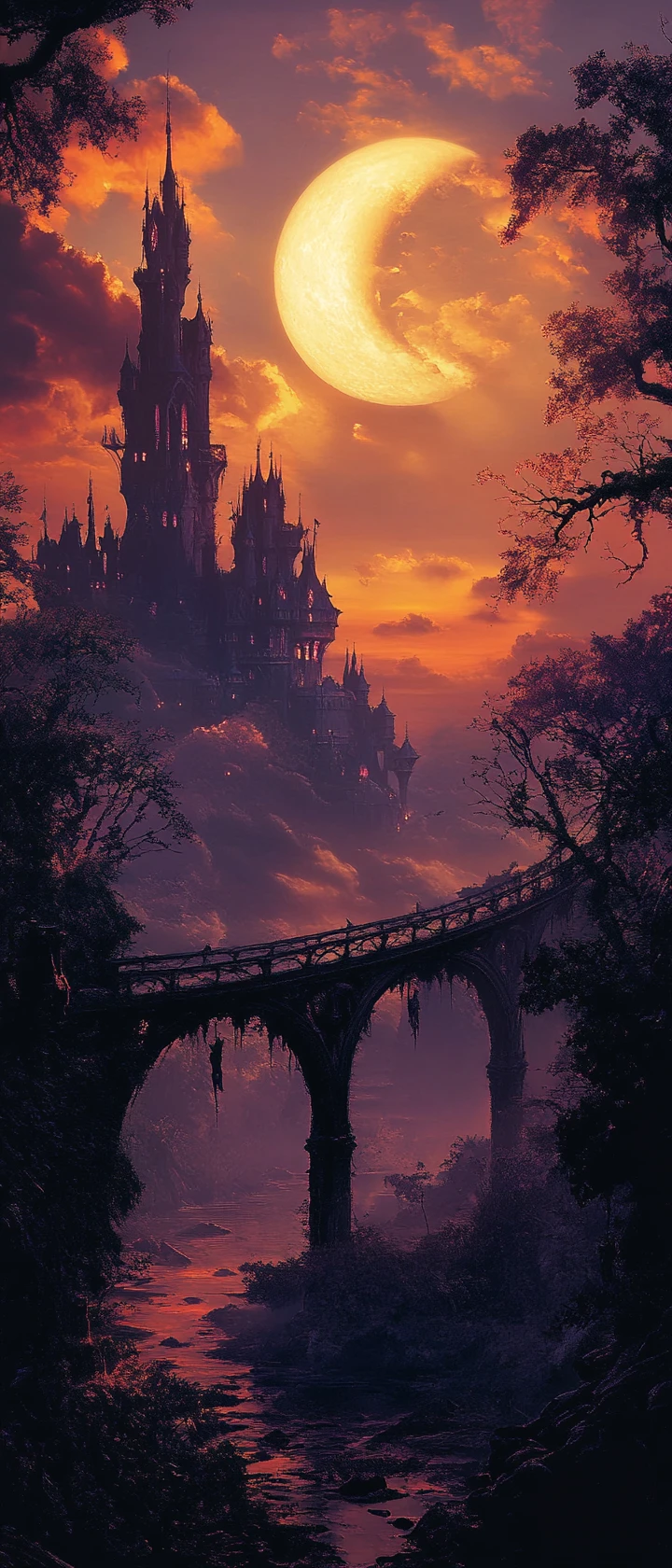 Eerie crooked bridge leading to a gothic fantasy castle