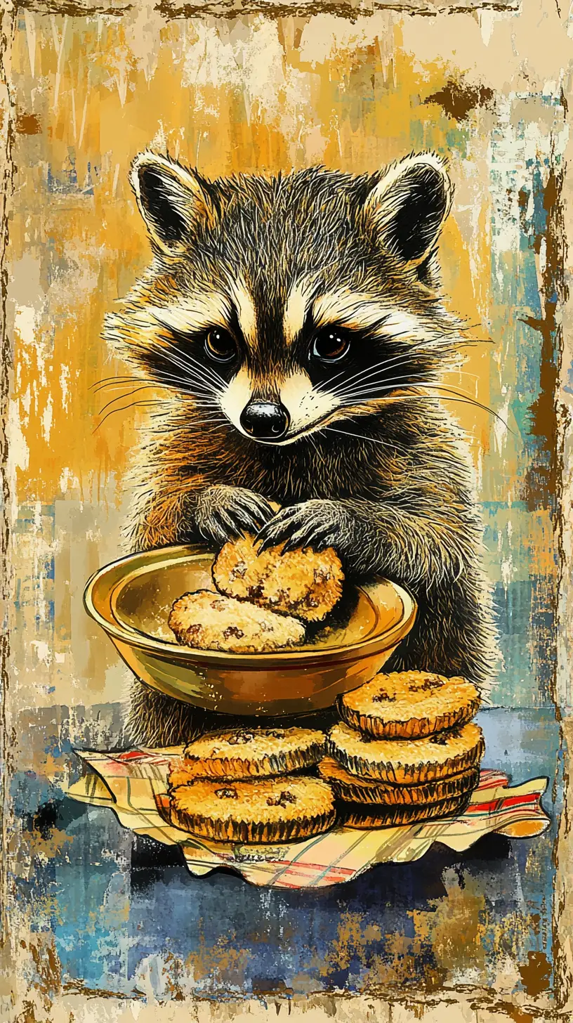 Cute anime raccoon baking cookies in stamp illustration