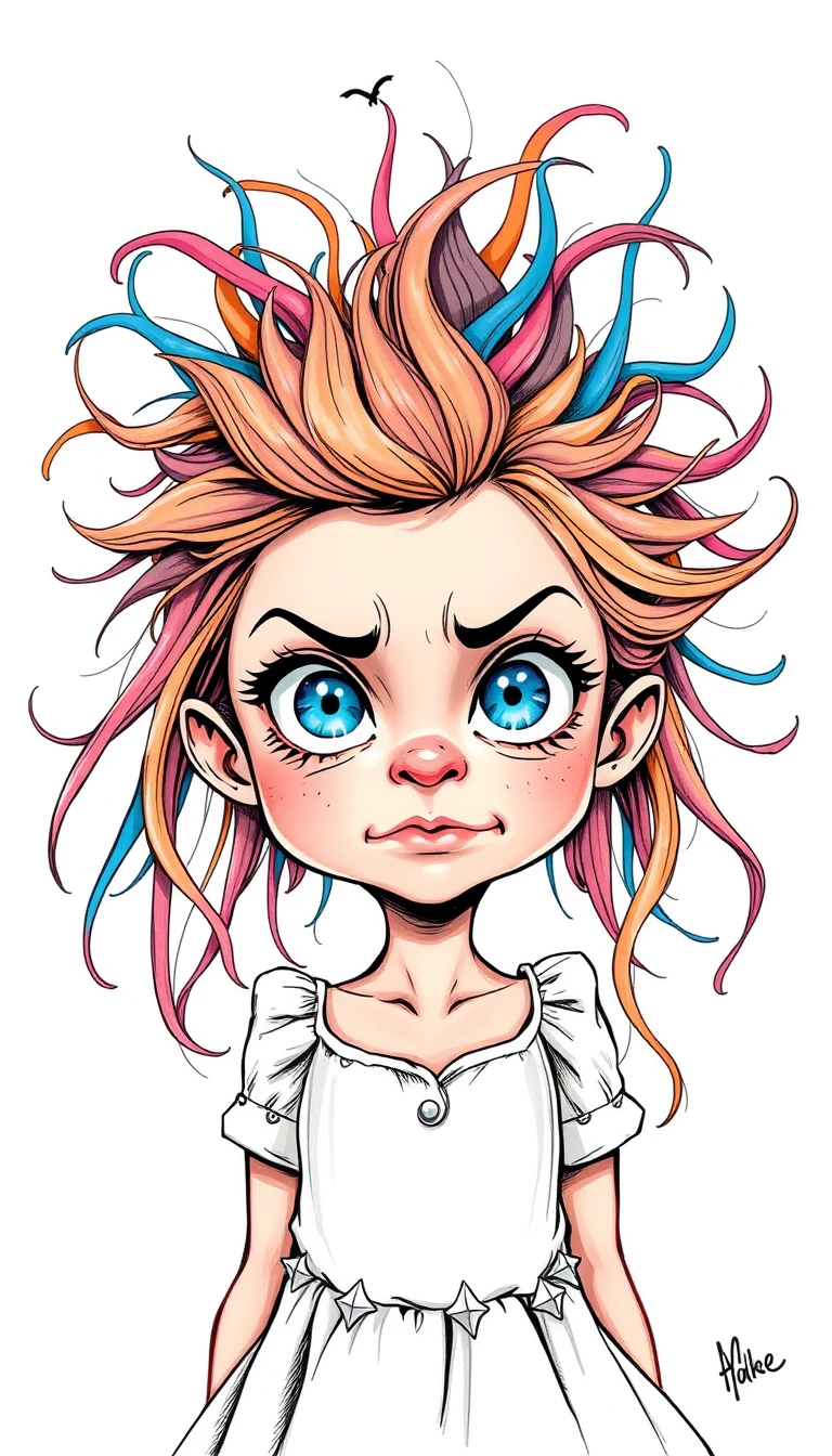 Playful toddler girl with rainbow hair making a cheeky face