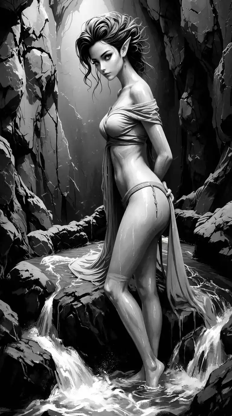 Elf woman in golden light by a carved stone stream